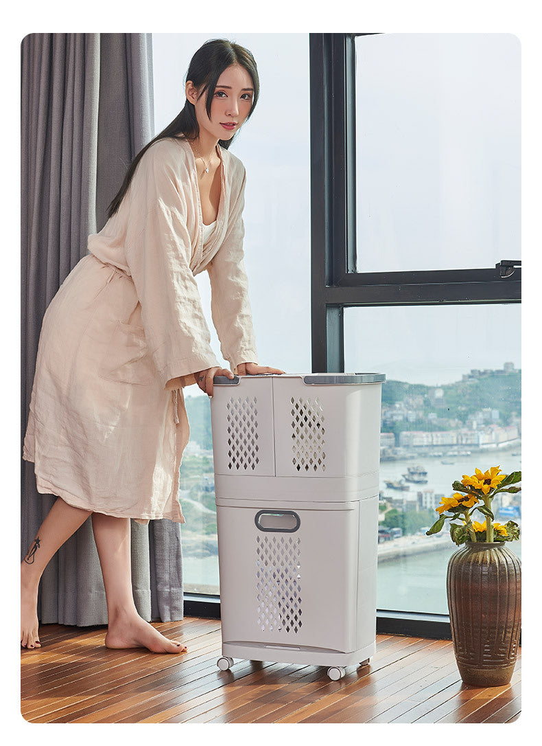 Moderner, ergonomischer Wäschekorb mit Deckel – Robustes Kunststoffdesign, mehrere Fächer für effizientes Sortieren der Wäsche, ideal für Bad und Haushalt, unverzichtbares Utensil für die Waschküche | Moderner Wäschekorb | Robuster Kunststoffkorb