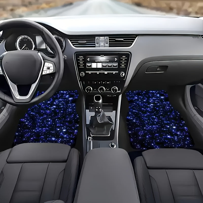 4er-Set blaue Galaxy-Sternennacht-Autofußmatten – Komplett abdeckende, rutschfeste Allwetter-Fußmatten mit leuchtendem Galaxienmuster (Fahrer-/Rücksitz-/Kofferraum) für Limousinen, SUVs und Vans – Leicht zu reinigendes Fahrzeugzubehör