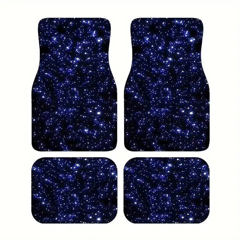 4er-Set blaue Galaxy-Sternennacht-Autofußmatten – Komplett abdeckende, rutschfeste Allwetter-Fußmatten mit leuchtendem Galaxienmuster (Fahrer-/Rücksitz-/Kofferraum) für Limousinen, SUVs und Vans – Leicht zu reinigendes Fahrzeugzubehör