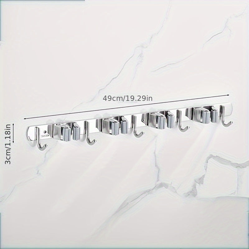 1 Stück robuste, wandmontierte Werkzeugablage aus Edelstahl, Halterung für Mopp und Besen - Geeignet für Haushalt, Küche, Garage, Waschküche, Badezimmer zur Organisation und Aufbewahrung mit Haken