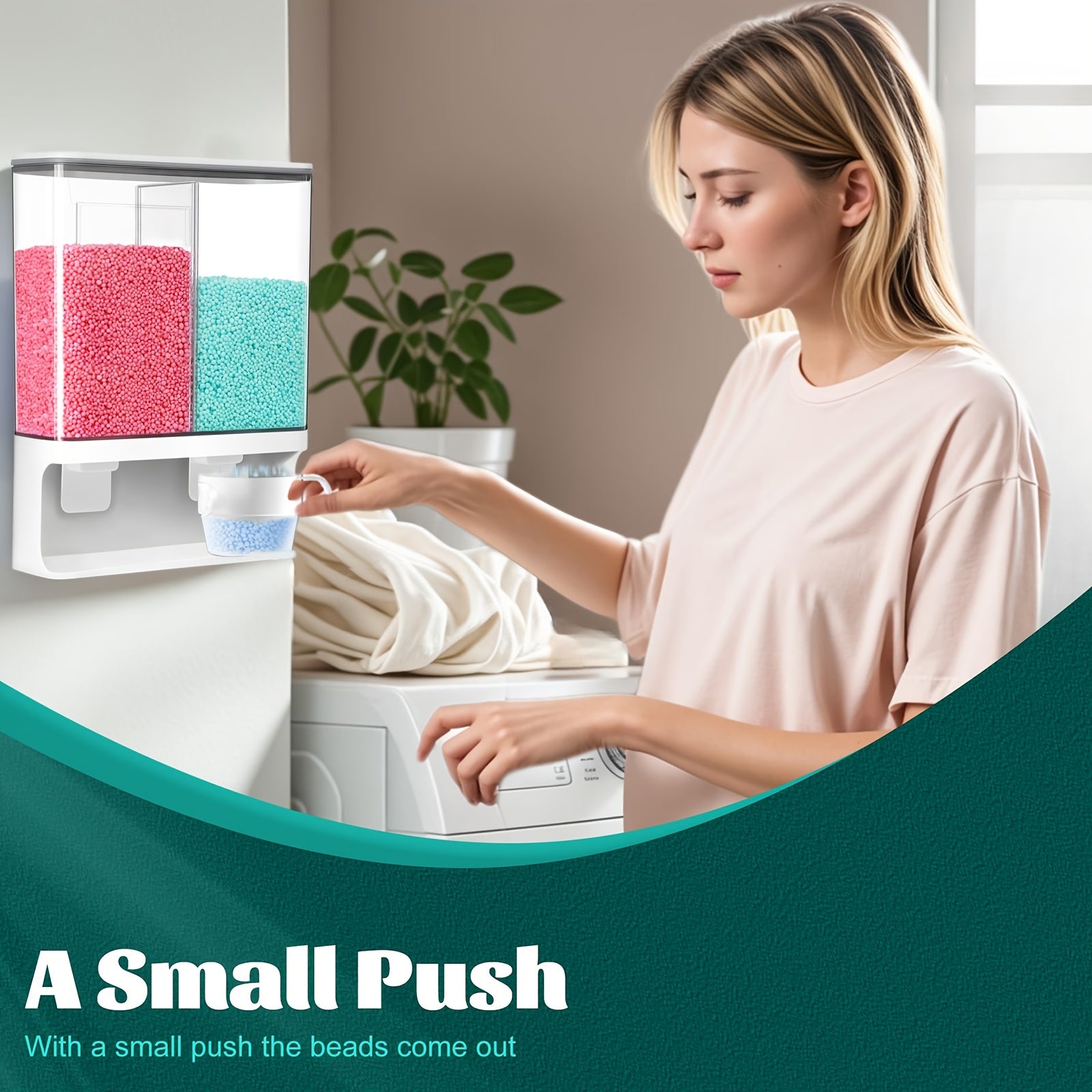 Wandmontierter DIY-Waschmittelspender – Transparenter Behälter mit zwei Kammern, geeignet für Duftperlen, Fleckenentferner und Tierfutter – Platzsparende, hochwertige Kunststoff-Aufbewahrungsbox, einfache Montage, für moderne Waschküchen