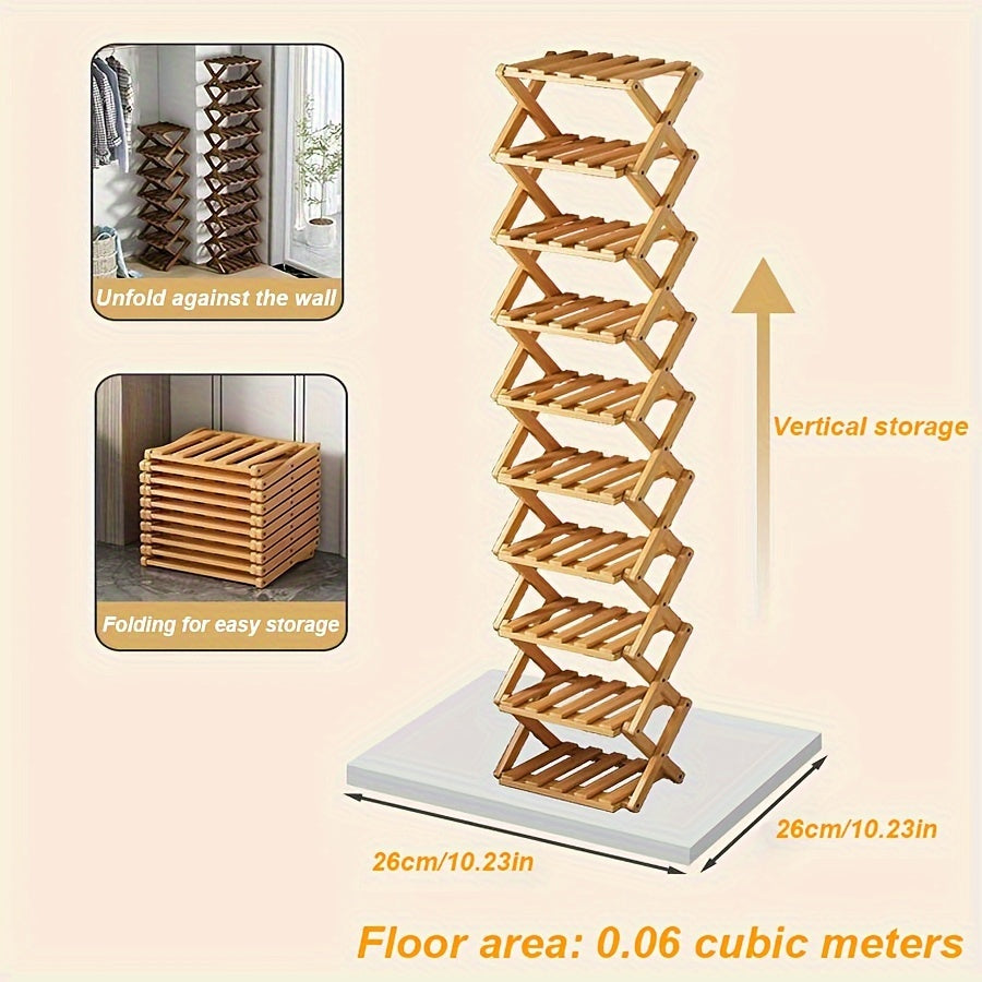 Adjustable & Foldable Bamboo Shoe Rack - Space-Saving 3-9 Tier Shoe Organizer for Small Spaces, No-Install Expandable Design for Home & Office, Natural Wood Finish, Shoe Storage Organizer