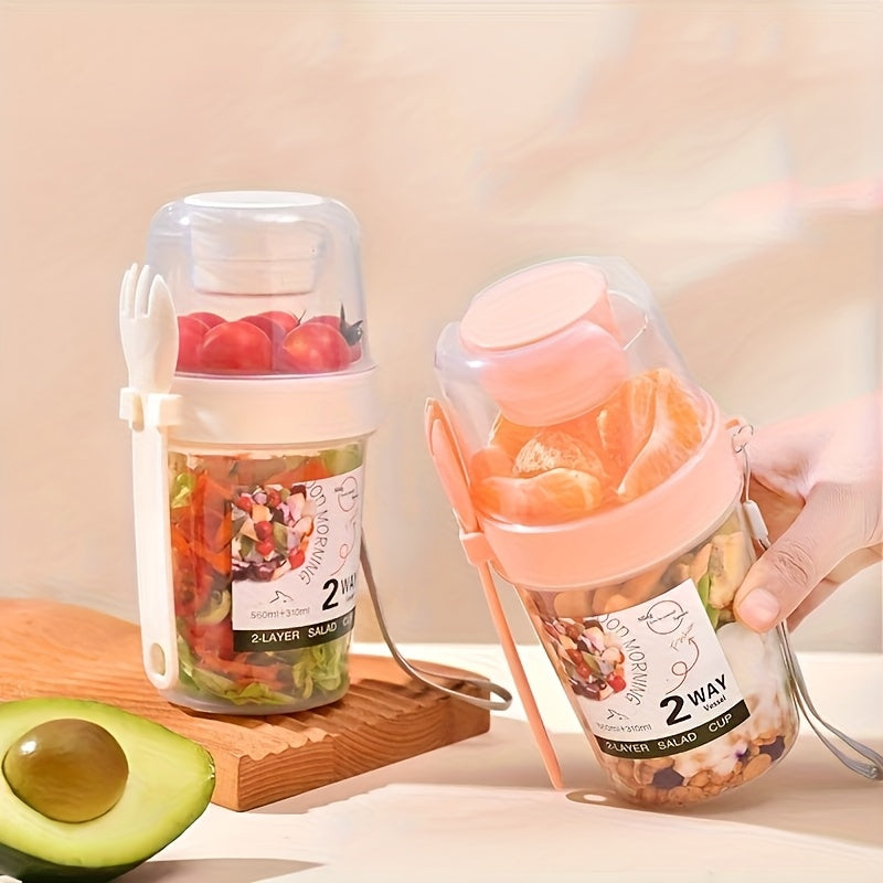 1 Stück 2-Wege-Verschlussbehälter für Joghurt und Müsli – Tragbarer Frühstücksbecher mit Deckel, wiederverwendbare Aufbewahrungsbox aus Kunststoff für Büro, Uni, Picknick, Reisen – inklusive Löffel, ideal für Milch, Joghurt, Obst und Müsli