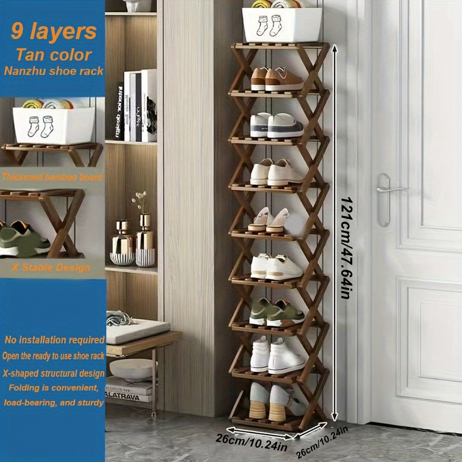Adjustable & Foldable Bamboo Shoe Rack - Space-Saving 3-9 Tier Shoe Organizer for Small Spaces, No-Install Expandable Design for Home & Office, Natural Wood Finish, Shoe Storage Organizer
