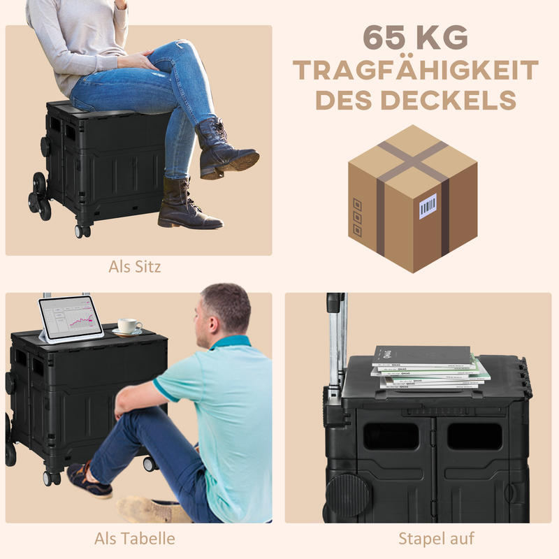 Faltbarer Einkaufswagen mit Teleskopgriff, Treppensteiger, Max. Tragkraft 65 kg, Schwarz