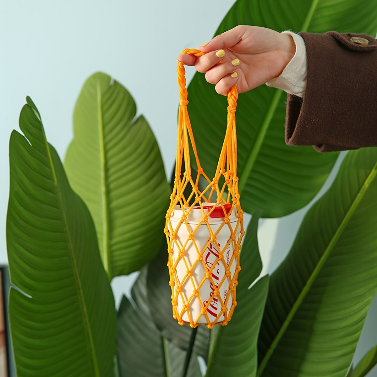 1pc Hand-Woven Net Bag, Water Cup, Drink Coffee Portable Bag, Reusable, Hand-Held Water Kettle Bag, Drink Bag, Decorative Net Bag, Storage Decorative Bag, Suitable for Giving Gifts to Friends, Relatives, Classmate