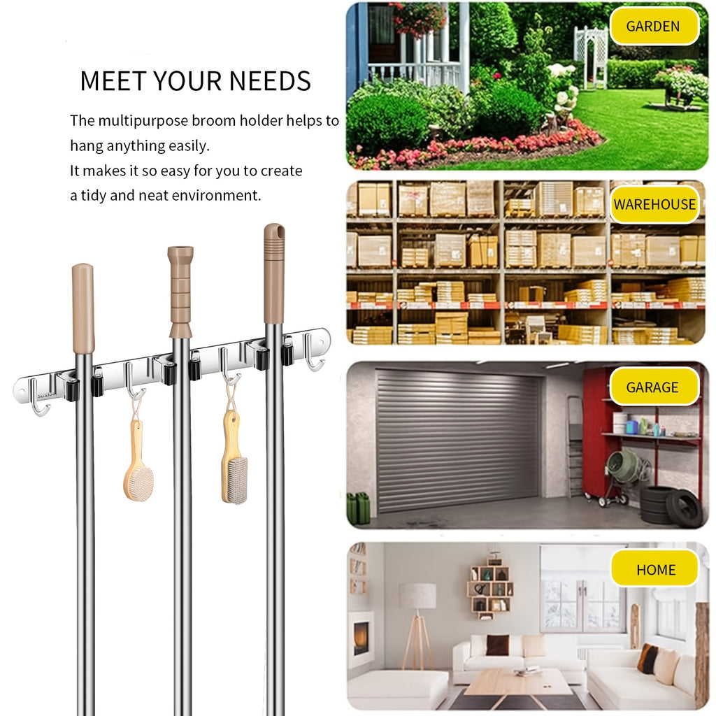 1 Stück robuste, wandmontierte Werkzeugablage aus Edelstahl, Halterung für Mopp und Besen - Geeignet für Haushalt, Küche, Garage, Waschküche, Badezimmer zur Organisation und Aufbewahrung mit Haken