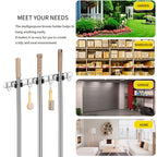 1 Stück robuste, wandmontierte Werkzeugablage aus Edelstahl, Halterung für Mopp und Besen - Geeignet für Haushalt, Küche, Garage, Waschküche, Badezimmer zur Organisation und Aufbewahrung mit Haken