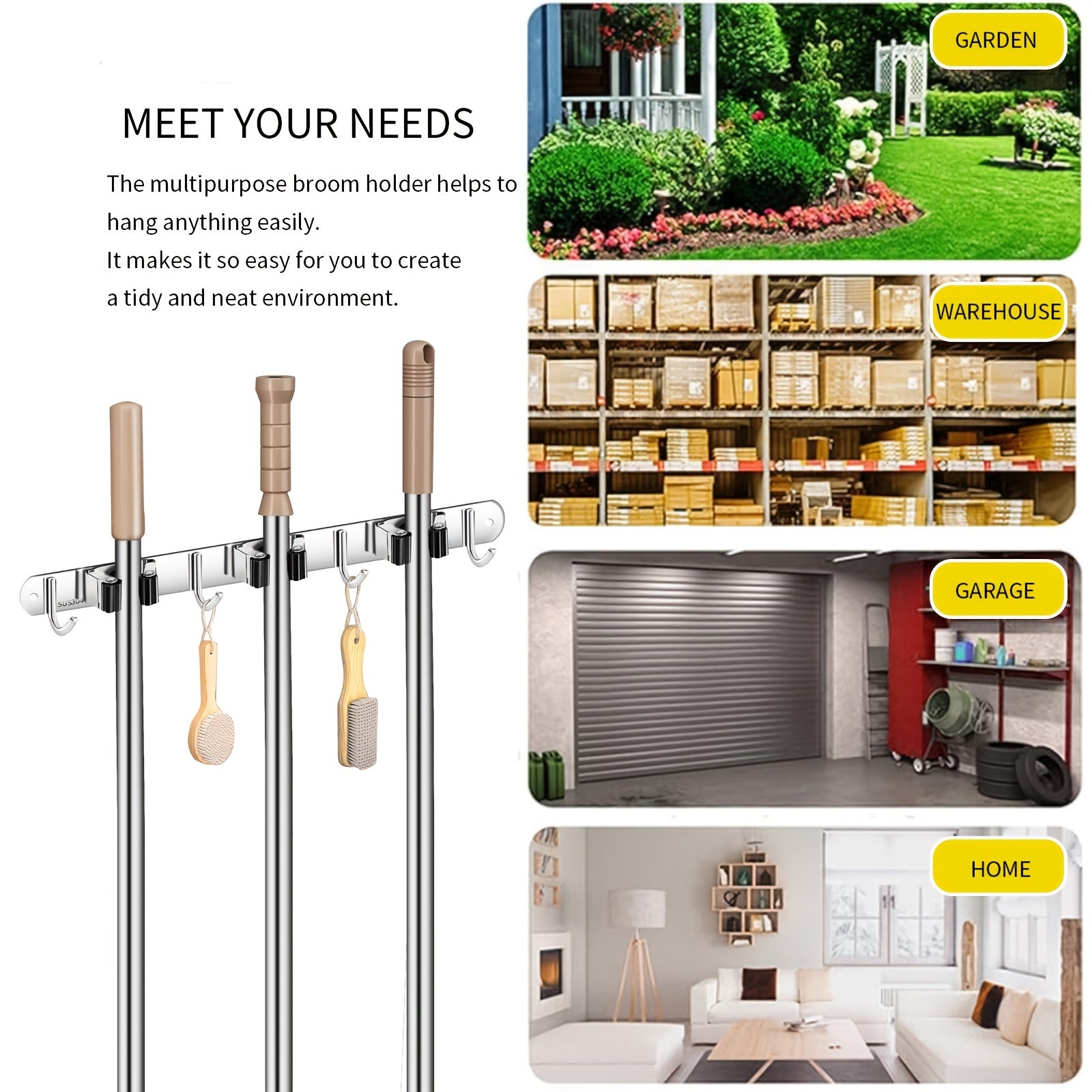 1 Stück robuste, wandmontierte Werkzeugablage aus Edelstahl, Halterung für Mopp und Besen - Geeignet für Haushalt, Küche, Garage, Waschküche, Badezimmer zur Organisation und Aufbewahrung mit Haken