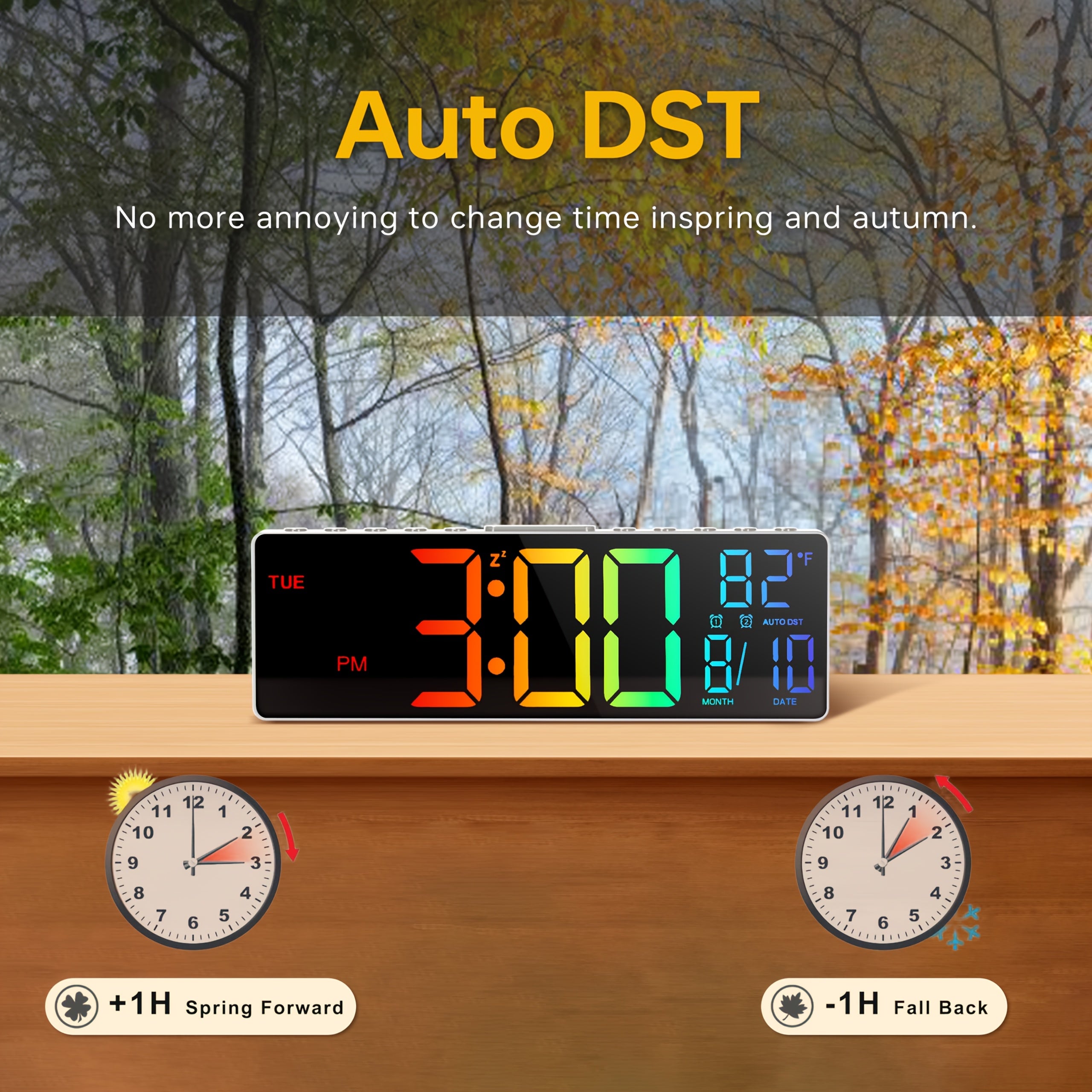 Große digitale Wanduhr (26,67 cm) mit Fernbedienung, Doppelalarm, großem LED-Display, 8 RGB-Farben, automatischer Sommerzeitumstellung und Temperaturanzeige. Ideal für Wohnzimmer, Schlafzimmer und als Dekoration. Auch als Geschenk für Senioren geeignet.