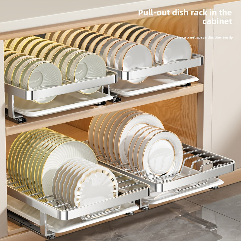 Ausziehbarer Geschirrständer, versenkbarer Abtropfkorb für Geschirr, Tassen und Gläser. Hergestellt aus rostfreiem Kohlenstoffstahl mit verstellbarer Abtropfschale. Ideal zur Aufbewahrung von Geschirr, ein unverzichtbares Küchenutensil.