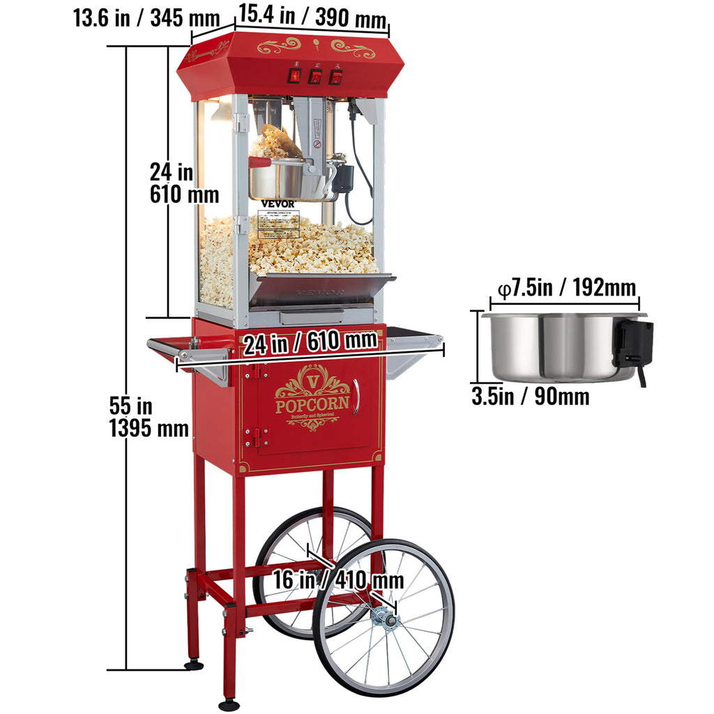 VEVOR Popcornmaschine mit Wagen, 850 W, 8 oz (ca. 227 g), 48 Tassen, Rot