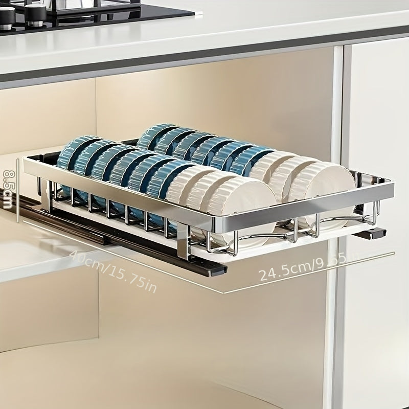 Kompakter Abtropfständer aus Edelstahl für die Küchenarbeitsplatte – platzsparender Auszieh-Organizer mit Fächern in verschiedenen Größen für Teller, Schüsseln und Besteck, robustes Metalldesign für moderne Küchen, Küchenorganisation und Aufbewahrung.