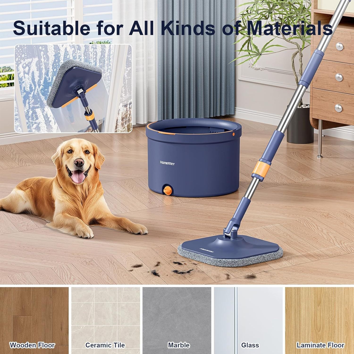 Wischmopp-Set mit Eimer, 2-in-1-Bodenwischer und Fensterwischer (132 cm) – 2-Kammer-System zur Trennung von Schmutz und Frischwasser mit 4 Mikrofaser-Wischpads für die Fenster- und Bodenreinigung