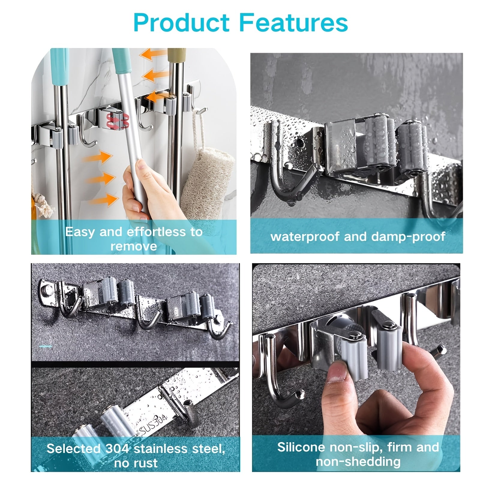 1 Stück robuste, wandmontierte Werkzeugablage aus Edelstahl, Halterung für Mopp und Besen - Geeignet für Haushalt, Küche, Garage, Waschküche, Badezimmer zur Organisation und Aufbewahrung mit Haken