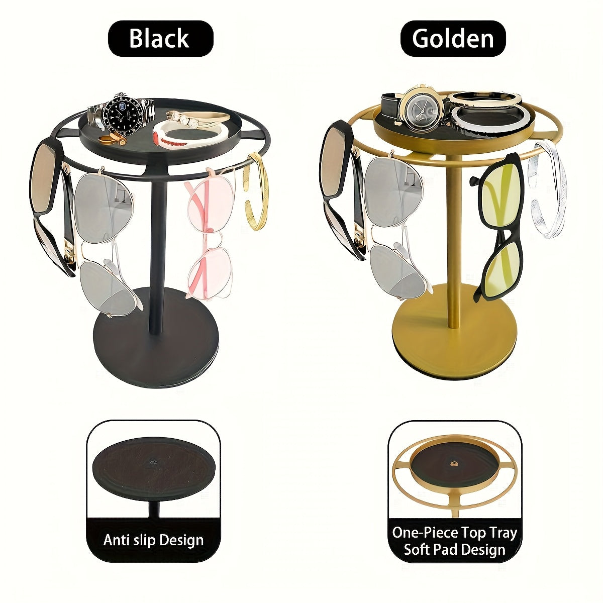 3-teiliges, vormontiertes Aufbewahrungsregal für 10 Brillen und Schmuck – Gold/Schwarz, geeignet für Brillen bis 8,89 cm Durchmesser, platzsparendng Organizer with Hooks, Tool-Free Assembly, Ideal for Home & Retail Use, Glasses Hanging Rack, Jewelry Or