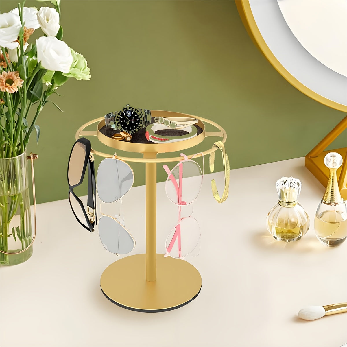 3-teiliges, vormontiertes Aufbewahrungsregal für 10 Brillen und Schmuck – Gold/Schwarz, geeignet für Brillen bis 8,89 cm Durchmesser, platzsparendng Organizer with Hooks, Tool-Free Assembly, Ideal for Home & Retail Use, Glasses Hanging Rack, Jewelry Or