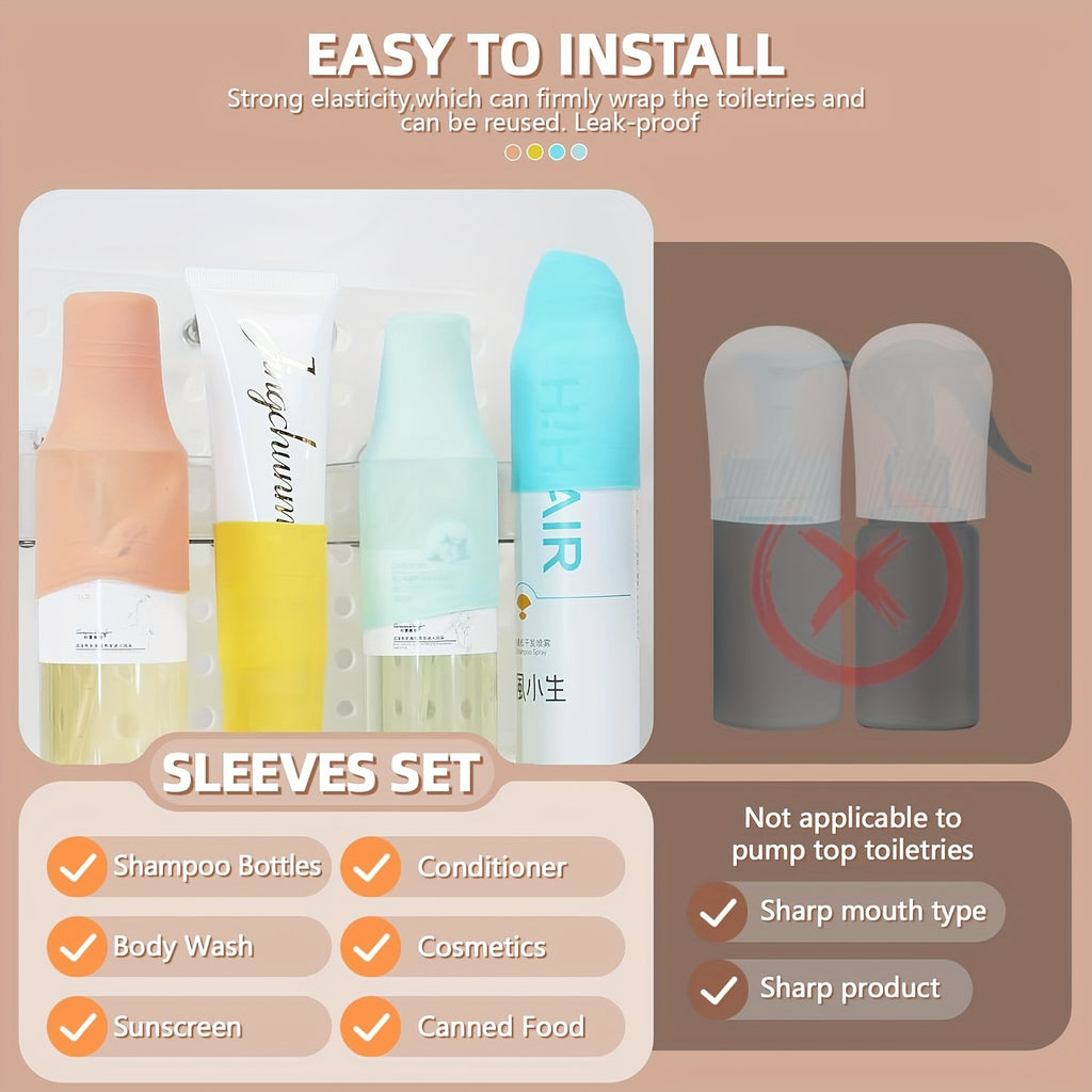 12 Stück Reiseflaschenhüllen, auslaufsichere elastische Hüllen, Silikon-Reisebehälter-Toilettenartikelhüllen, auslaufsicheres Reisezubehör mit Verschluss, geeignet für Shampoo-, Spülungs- und Waschflaschen, Reise-Toilettenartikelflaschen