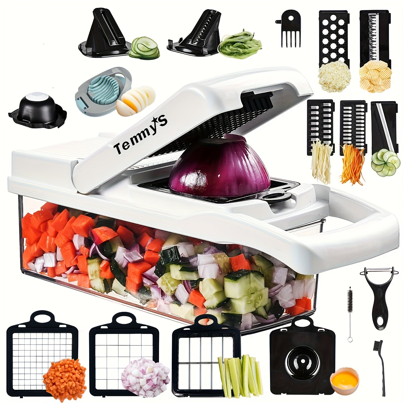 24-in-1 Multifunktions-Gemüseschneider: Gemüsehobel, Zwiebelschneider, Zerkleinerer, Zerkleinerer für 7 Gemüsesorten, Tomatenschneider, Kartoffel- und Knoblauchschneider mit Abtropfkorb, Eierschneider