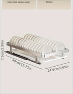 Ausziehbarer Geschirrständer, versenkbarer Abtropfkorb für Geschirr, Tassen und Gläser. Hergestellt aus rostfreiem Kohlenstoffstahl mit verstellbarer Abtropfschale. Ideal zur Aufbewahrung von Geschirr, ein unverzichtbares Küchenutensil.