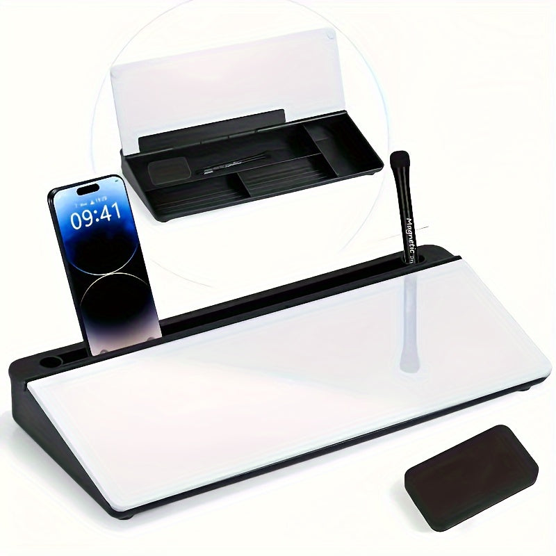 Elegantes, kompaktes Whiteboard aus Glas mit integriertem Stauraum – Moderner Schreibtisch-Organizer aus gehärtetem Glas und Tastaturhalter, schlankes Design für effizientes Arbeitsplatzmanagement