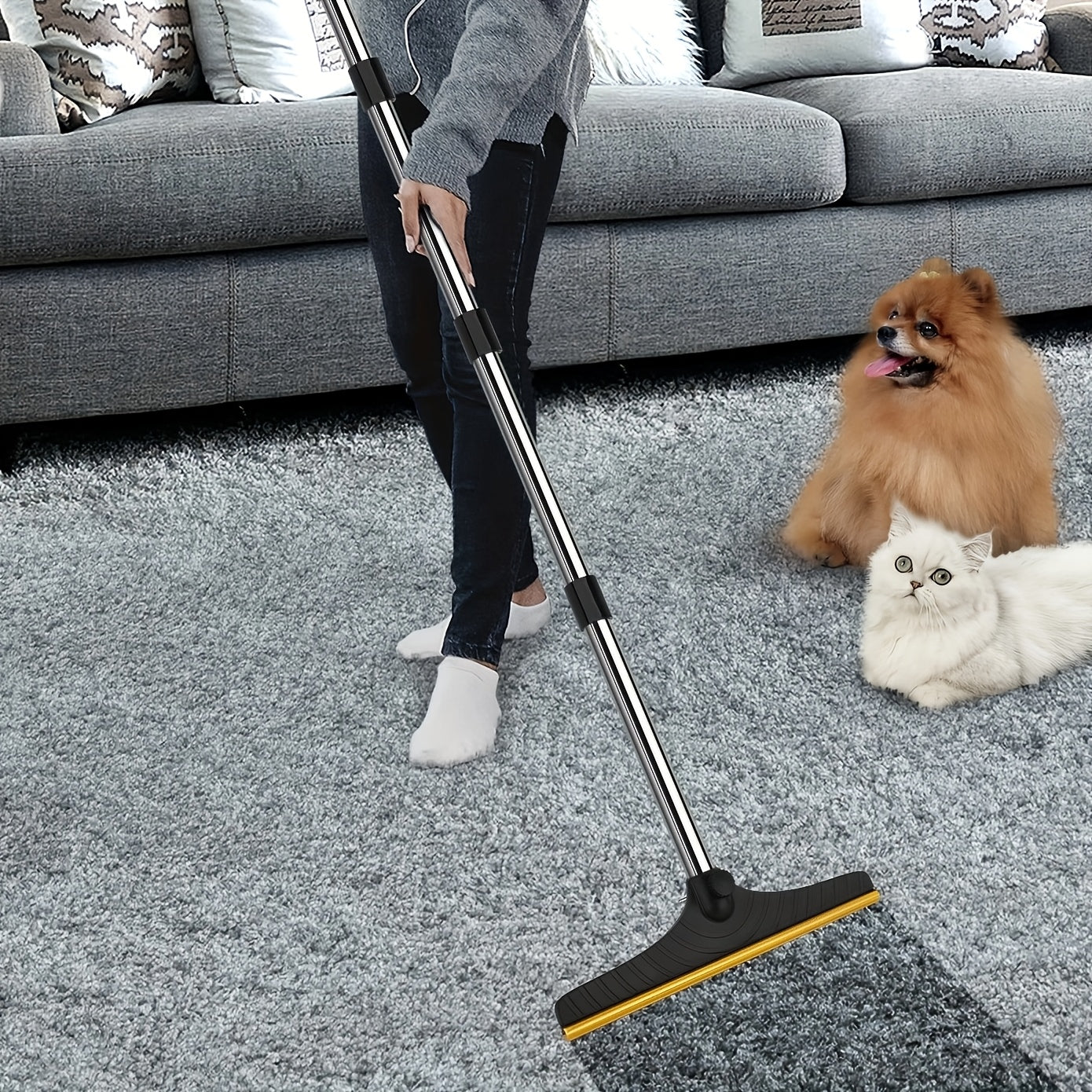 Tierhaarentfernungswerkzeug mit 114,3 cm verstellbarem Griff – Wiederverwendbarer Hunde- und Katzenhaarentferner, ausziehbarer Teppichschaberrechen, batterielos, ideal für Tierbesitzer, Kratzbäume zur Bodenreinigung