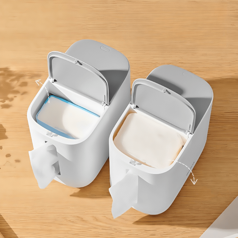 Moderner, weiß-grauer All-in-One-Papierhandtuchhalter und Abfalleimer – platzsparender Tischspender mit hygienischem Ein-Knopf-Deckel, robustes Kunststoffmaterial für Bad und Büro – kompakte Aufbewahrungsbox für Taschentücher