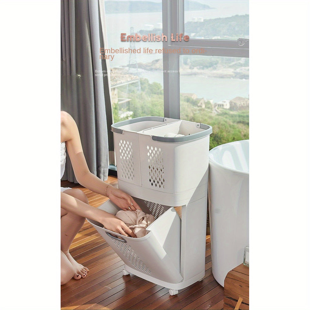 Moderner, ergonomischer Wäschekorb mit Deckel – Robustes Kunststoffdesign, mehrere Fächer für effizientes Sortieren der Wäsche, ideal für Bad und Haushalt, unverzichtbares Utensil für die Waschküche | Moderner Wäschekorb | Robuster Kunststoffkorb