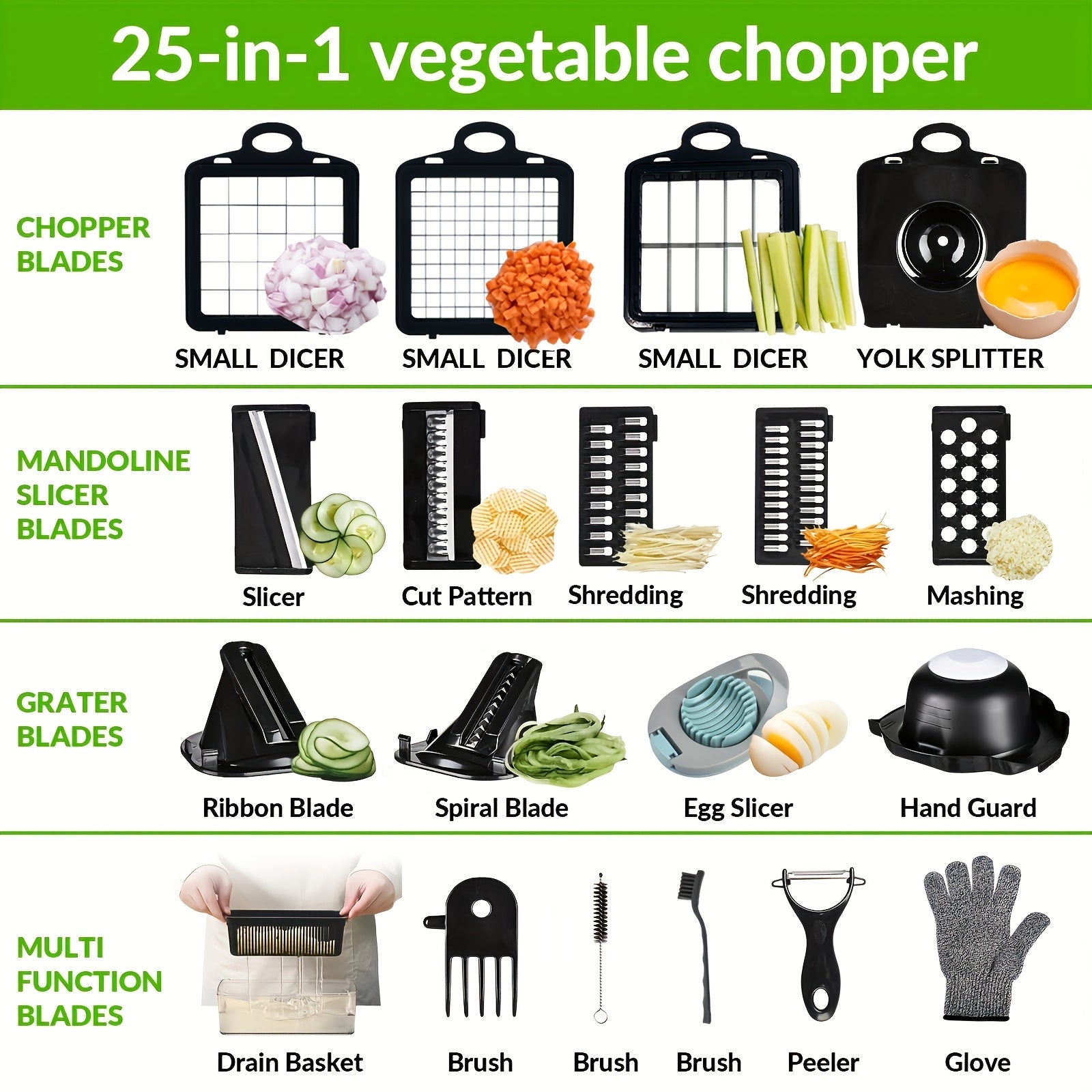 24-in-1 Multifunktions-Gemüseschneider: Gemüsehobel, Zwiebelschneider, Zerkleinerer, Zerkleinerer für 7 Gemüsesorten, Tomatenschneider, Kartoffel- und Knoblauchschneider mit Abtropfkorb, Eierschneider
