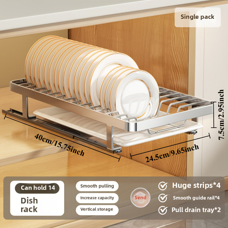 Ausziehbarer Geschirrständer, versenkbarer Abtropfkorb für Geschirr, Tassen und Gläser. Hergestellt aus rostfreiem Kohlenstoffstahl mit verstellbarer Abtropfschale. Ideal zur Aufbewahrung von Geschirr, ein unverzichtbares Küchenutensil.