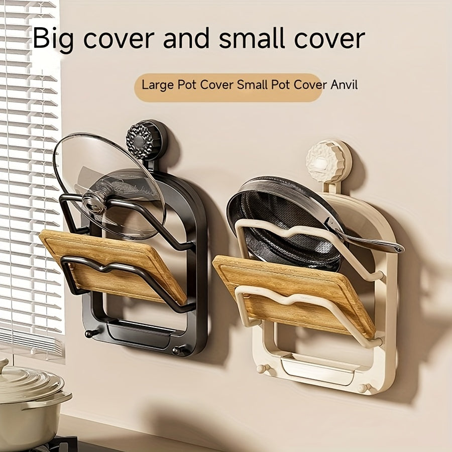1 Stück Küchenschrank-Aufbewahrungsregal ohne Bohren – Multifunktionaler Organizer mit zwei Topfdeckelhaltern, Saugnapf-Wandbefestigung, einfache Installation, platzsparendes Design für Küche und Esszimmer, praktisches Hängeregal, Küchenorganizer