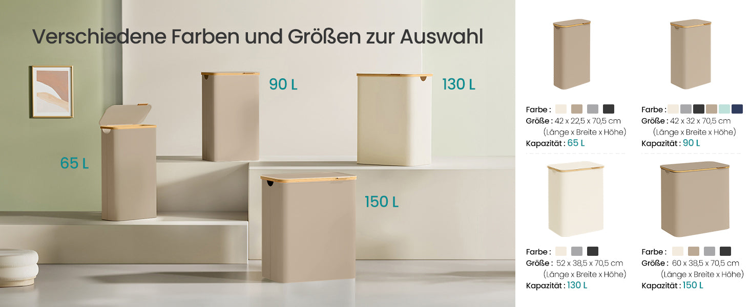 SONGMICS Wäschekorb mit Deckel,Wäschesammler mit 3 Fächern,150 L,herausnehmbarer Wäschesack,Griffe aus Bambus,zusammenklappbar