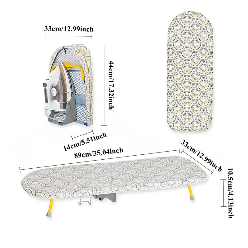 Faltbares Mini-Bügelbrett mit Bügeleisenhalter | Tragbares 89 x 33 cm (35 × 13 Zoll) Tischbügelbrett | Platzsparend für kleine Räume | Rutschfeste Füße | Wärmereflektierender Bezug | Einfach zu verstauen und zu Hause zu verwenden