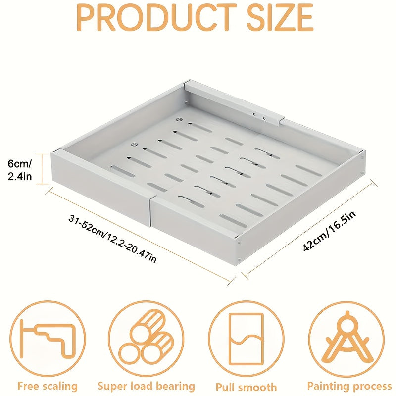 Ausziehbarer Schrankorganizer mit robustem Schieberegal und 3 geräuschlosen Schienen, kein Bohren erforderlich, geeignet für die Aufbewahrung von Küchengewürzen, Küchenutensilien und Badezimmerutensilien.