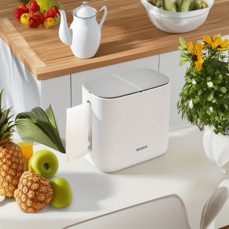 Moderner, weiß-grauer All-in-One-Papierhandtuchhalter und Abfalleimer – platzsparender Tischspender mit hygienischem Ein-Knopf-Deckel, robustes Kunststoffmaterial für Bad und Büro – kompakte Aufbewahrungsbox für Taschentücher