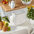 Moderner, weiß-grauer All-in-One-Papierhandtuchhalter und Abfalleimer – platzsparender Tischspender mit hygienischem Ein-Knopf-Deckel, robustes Kunststoffmaterial für Bad und Büro – kompakte Aufbewahrungsbox für Taschentücher