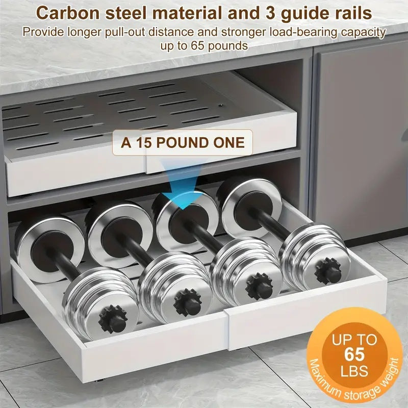 Ausziehbarer Schrankorganizer mit robustem Schieberegal und 3 geräuschlosen Schienen, kein Bohren erforderlich, geeignet für die Aufbewahrung von Küchengewürzen, Küchenutensilien und Badezimmerutensilien.