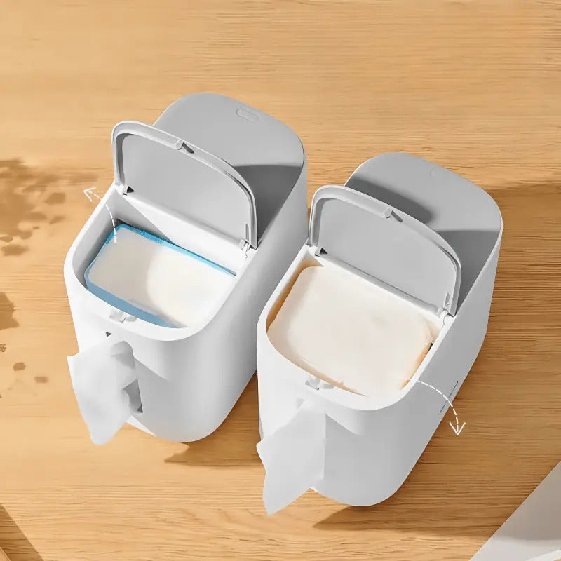 Moderner, weiß-grauer All-in-One-Papierhandtuchhalter und Abfalleimer – platzsparender Tischspender mit hygienischem Ein-Knopf-Deckel, robustes Kunststoffmaterial für Bad und Büro – kompakte Aufbewahrungsbox für Taschentücher
