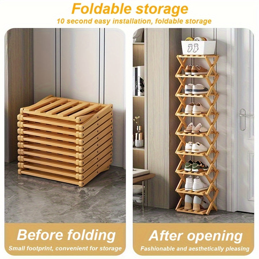Adjustable & Foldable Bamboo Shoe Rack - Space-Saving 3-9 Tier Shoe Organizer for Small Spaces, No-Install Expandable Design for Home & Office, Natural Wood Finish, Shoe Storage Organizer