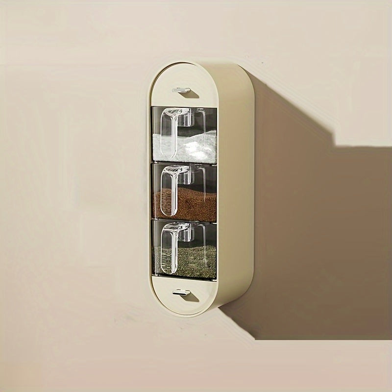 Ein 5-teiliges Gewürzspender-Set für die Küche, mit Fächern für Salz, Glutamat und verschiedene Würzmittel, zur Wandmontage ohne Bohren geeignet, mit einer Aufbewahrungsbox mit mehreren Fächern.