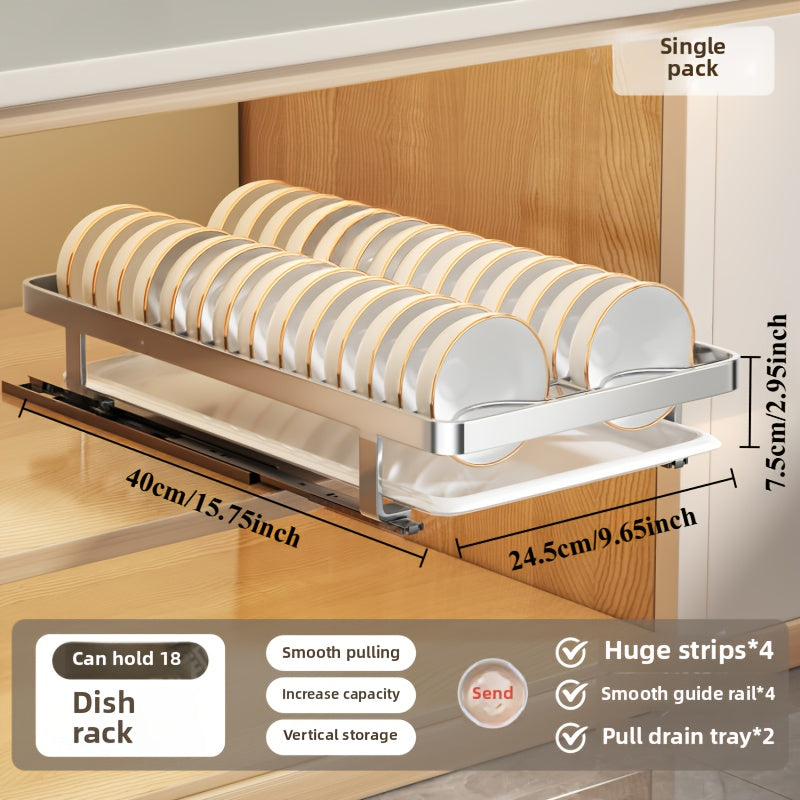 Ausziehbarer Geschirrständer, versenkbarer Abtropfkorb für Geschirr, Tassen und Gläser. Hergestellt aus rostfreiem Kohlenstoffstahl mit verstellbarer Abtropfschale. Ideal zur Aufbewahrung von Geschirr, ein unverzichtbares Küchenutensil.
