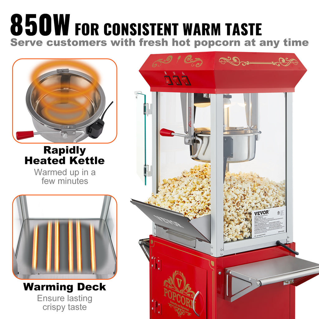 VEVOR Popcornmaschine mit Wagen, 850 W, 8 oz (ca. 227 g), 48 Tassen, Rot