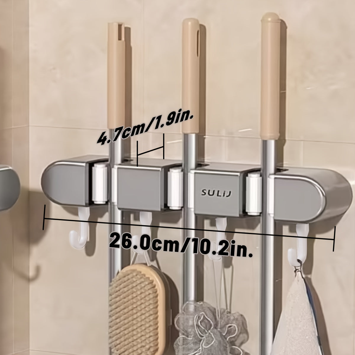 Wandorganizer mit 4 Clips und 5 Haken (ohne Bohren) | Multifunktionale Besen-/Mopphalterung & rutschfester Handtuchhalter, für Reinigungsmittel und -utensilien, robustes PVC, geeignet für Garage, Waschküche, Bad, Küche und Eingangsbereich