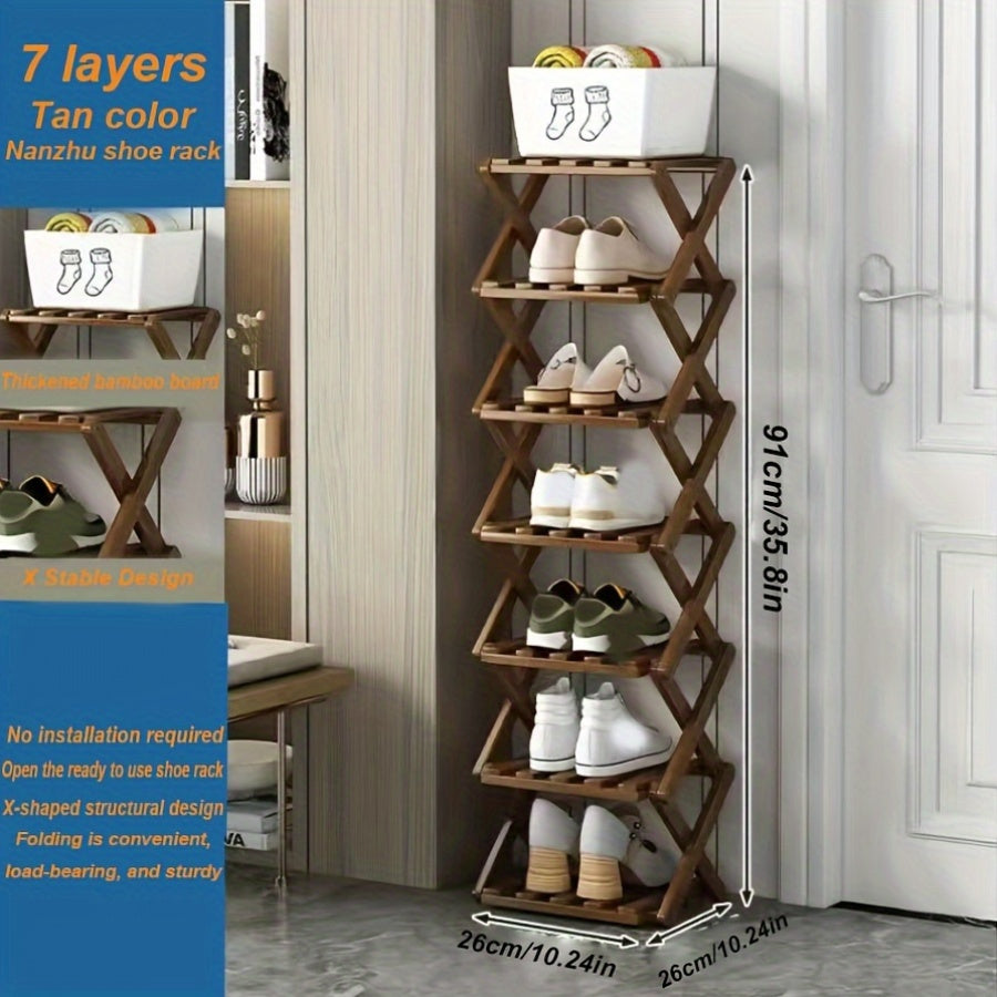 Adjustable & Foldable Bamboo Shoe Rack - Space-Saving 3-9 Tier Shoe Organizer for Small Spaces, No-Install Expandable Design for Home & Office, Natural Wood Finish, Shoe Storage Organizer