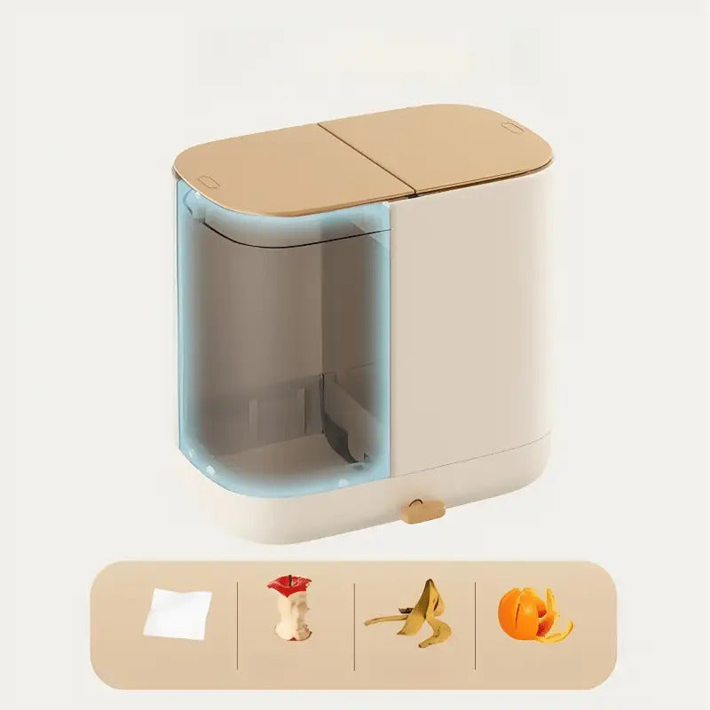 Moderner, weiß-grauer All-in-One-Papierhandtuchhalter und Abfalleimer – platzsparender Tischspender mit hygienischem Ein-Knopf-Deckel, robustes Kunststoffmaterial für Bad und Büro – kompakte Aufbewahrungsbox für Taschentücher