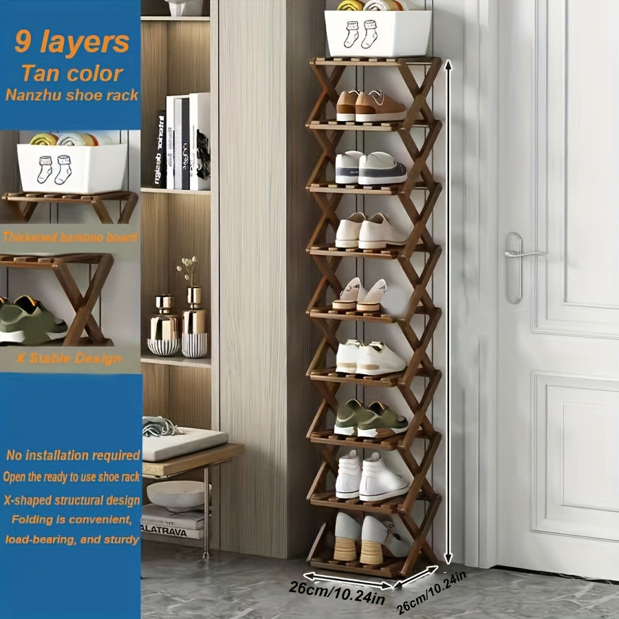 Adjustable & Foldable Bamboo Shoe Rack - Space-Saving 3-9 Tier Shoe Organizer for Small Spaces, No-Install Expandable Design for Home & Office, Natural Wood Finish, Shoe Storage Organizer