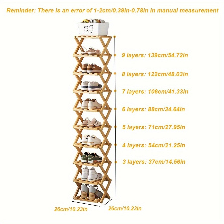Adjustable & Foldable Bamboo Shoe Rack - Space-Saving 3-9 Tier Shoe Organizer for Small Spaces, No-Install Expandable Design for Home & Office, Natural Wood Finish, Shoe Storage Organizer