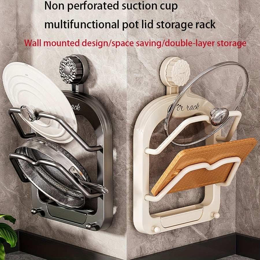 1 Stück Küchenschrank-Aufbewahrungsregal ohne Bohren – Multifunktionaler Organizer mit zwei Topfdeckelhaltern, Saugnapf-Wandbefestigung, einfache Installation, platzsparendes Design für Küche und Esszimmer, praktisches Hängeregal, Küchenorganizer