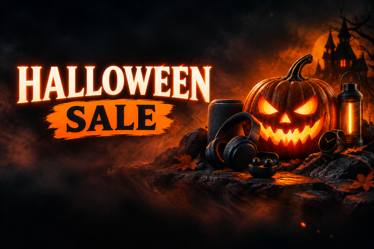 Halloween-Sale-Banner mit leuchtendem Kürbis und Gadgets