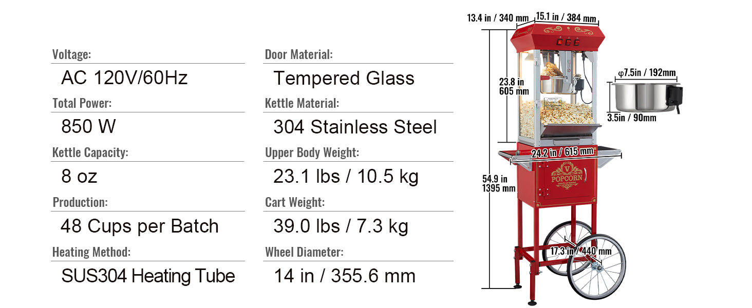 VEVOR Popcornmaschine mit Wagen, 850 W, 8 oz (ca. 227 g), 48 Tassen, Rot
